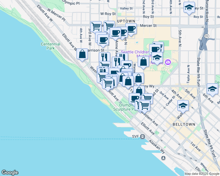 map of restaurants, bars, coffee shops, grocery stores, and more near 3131 Western Avenue in Seattle