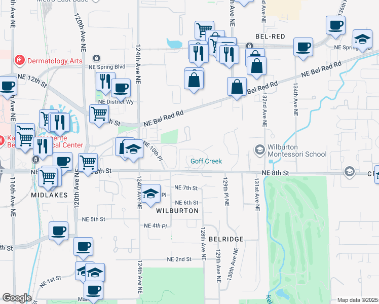 map of restaurants, bars, coffee shops, grocery stores, and more near 12760 Northeast 10th Place in Bellevue