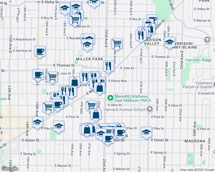map of restaurants, bars, coffee shops, grocery stores, and more near in Seattle