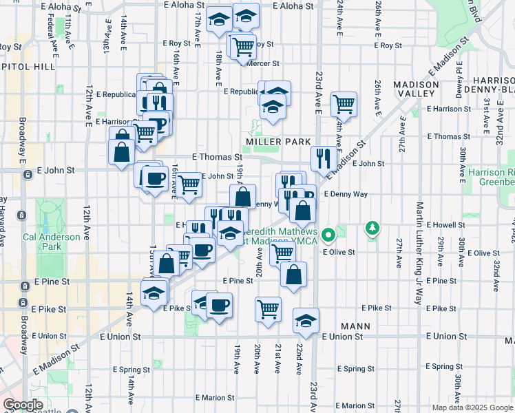 map of restaurants, bars, coffee shops, grocery stores, and more near 116 19th Avenue East in Seattle