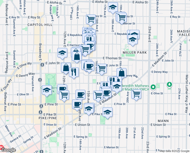 map of restaurants, bars, coffee shops, grocery stores, and more near 108 15th Avenue East in Seattle