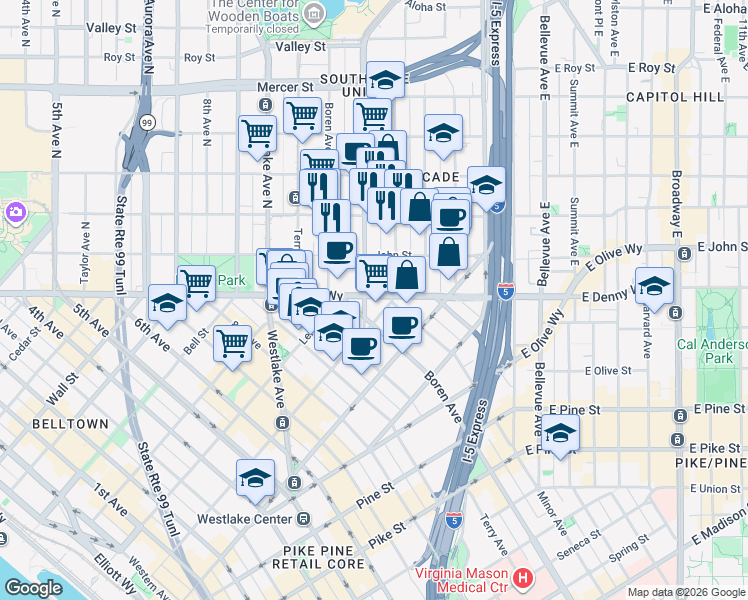 map of restaurants, bars, coffee shops, grocery stores, and more near 1172 Denny Way in Seattle