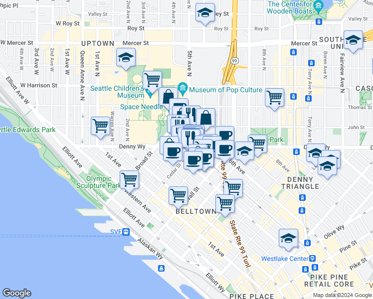 map of restaurants, bars, coffee shops, grocery stores, and more near 2720 4th Avenue in Seattle