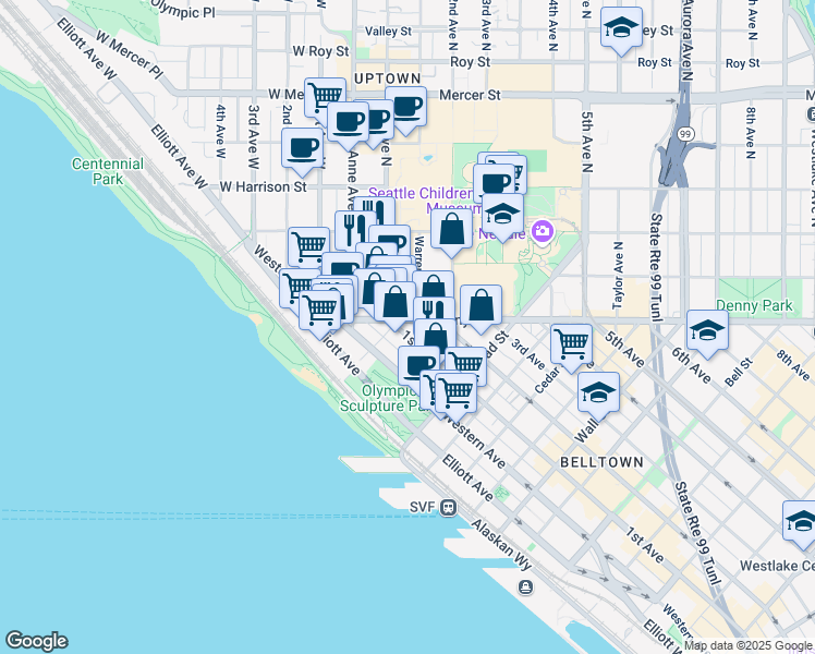 map of restaurants, bars, coffee shops, grocery stores, and more near 114 1st Avenue North in Seattle