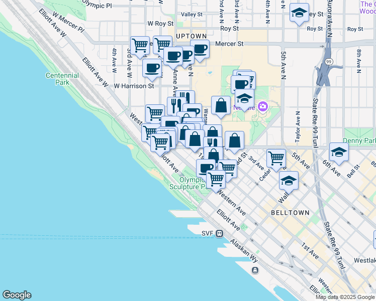 map of restaurants, bars, coffee shops, grocery stores, and more near 107 Denny Way in Seattle
