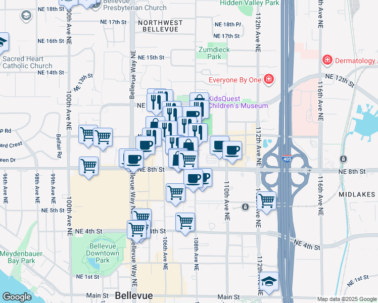 map of restaurants, bars, coffee shops, grocery stores, and more near 929 108th Avenue Northeast in Bellevue
