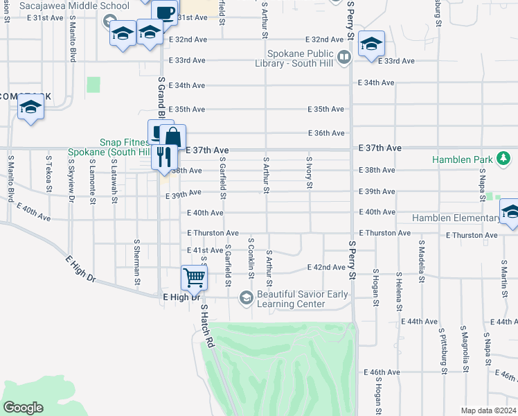 map of restaurants, bars, coffee shops, grocery stores, and more near 948 East 39th Avenue in Spokane