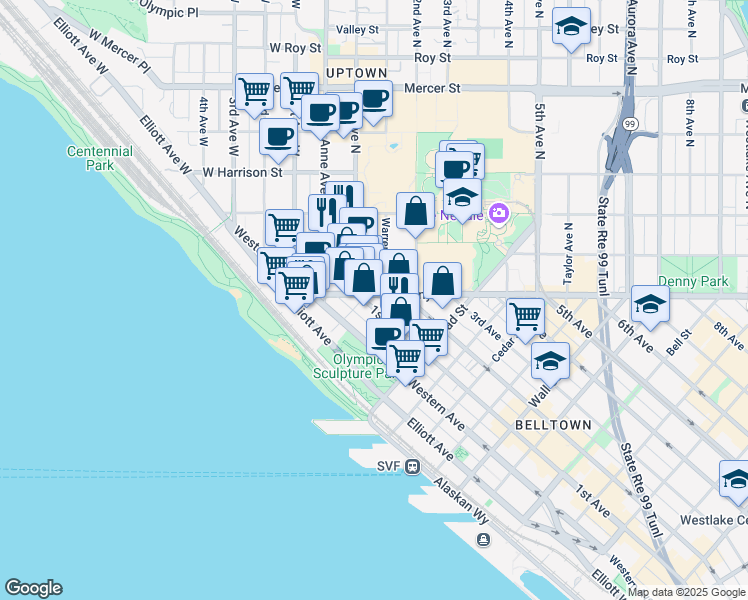 map of restaurants, bars, coffee shops, grocery stores, and more near 3028 1st Avenue in Seattle