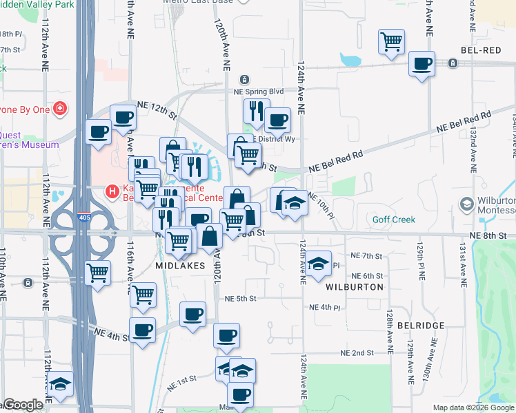 map of restaurants, bars, coffee shops, grocery stores, and more near 12109 Bel-Red Road in Bellevue