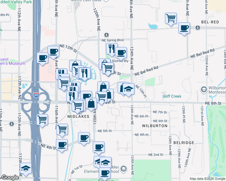 map of restaurants, bars, coffee shops, grocery stores, and more near 12005 Northeast 12th Street in Bellevue