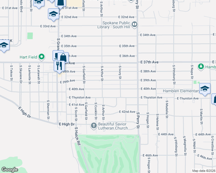map of restaurants, bars, coffee shops, grocery stores, and more near 1020 East 39th Avenue in Spokane