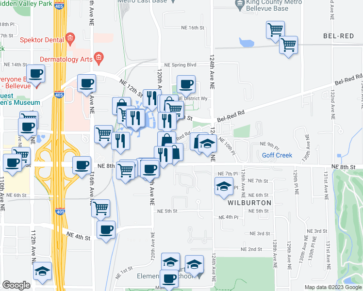 map of restaurants, bars, coffee shops, grocery stores, and more near 12005 Northeast 12th Street in Bellevue