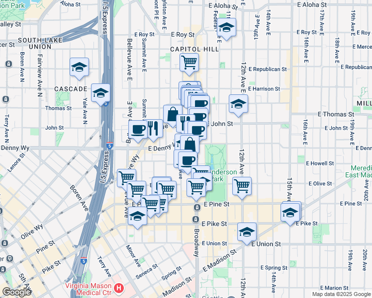 map of restaurants, bars, coffee shops, grocery stores, and more near 803 East Denny Way in Seattle