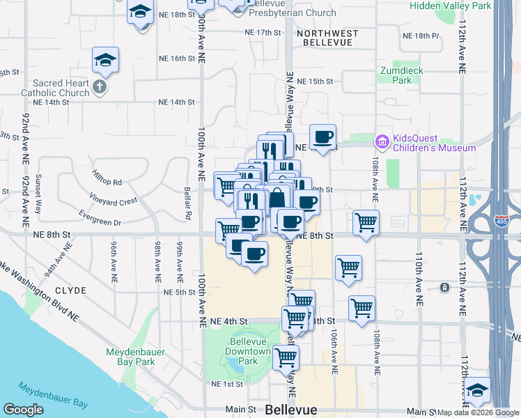 map of restaurants, bars, coffee shops, grocery stores, and more near 889 103rd Avenue Northeast in Bellevue