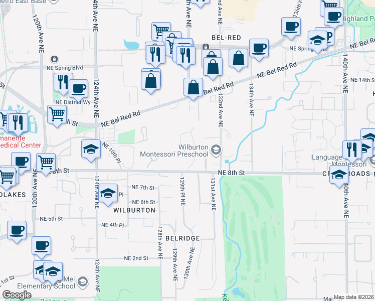 map of restaurants, bars, coffee shops, grocery stores, and more near 920 129th Place Northeast in Bellevue