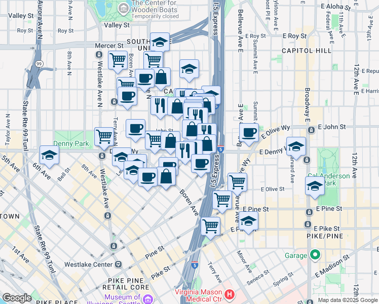 map of restaurants, bars, coffee shops, grocery stores, and more near 110 Yale Avenue North in Seattle