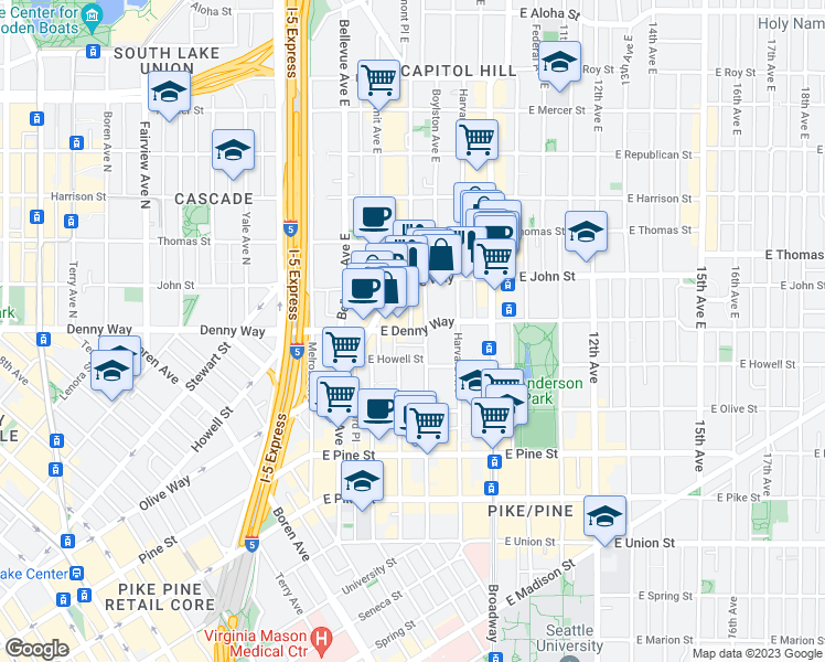 map of restaurants, bars, coffee shops, grocery stores, and more near E Denny Way & Belmont Ave E in Seattle