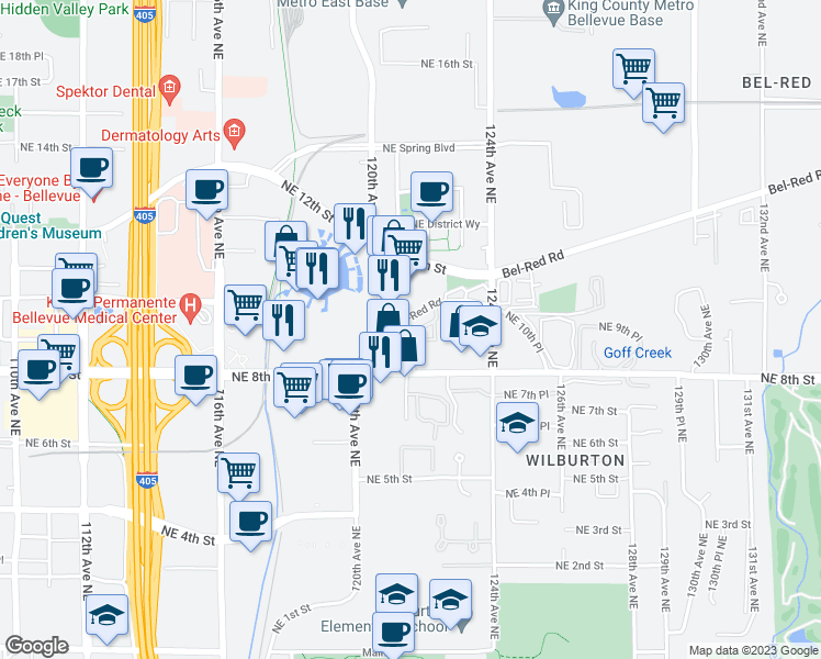 map of restaurants, bars, coffee shops, grocery stores, and more near 12005 Northeast 12th Street in Bellevue