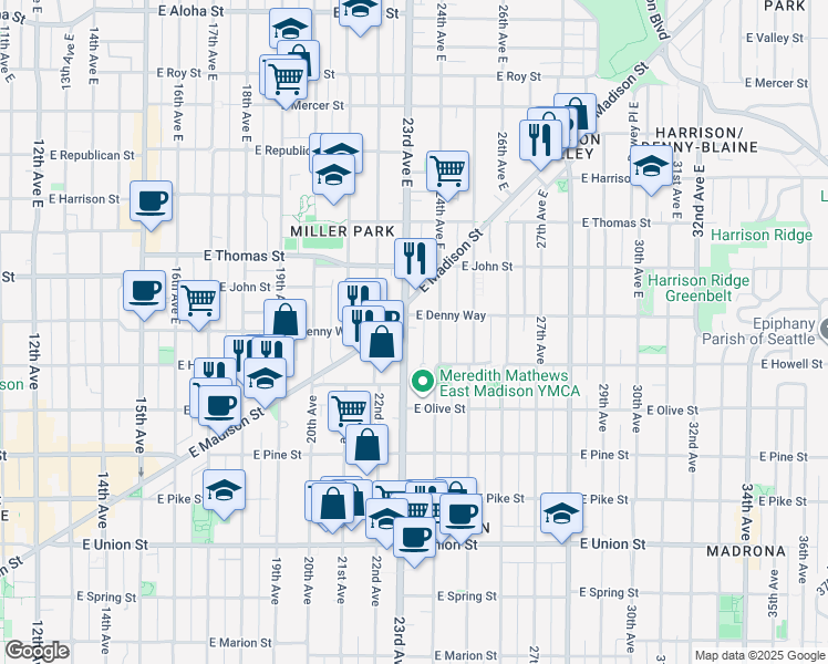 map of restaurants, bars, coffee shops, grocery stores, and more near in Seattle