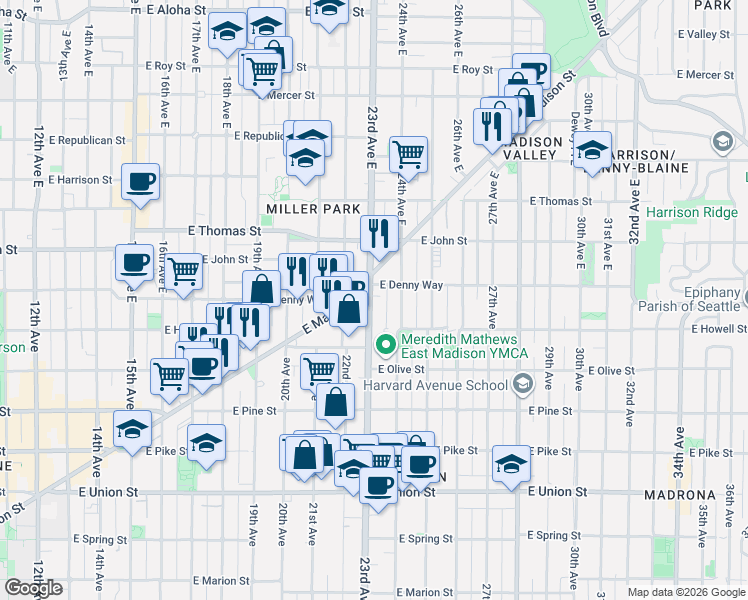 map of restaurants, bars, coffee shops, grocery stores, and more near in Seattle