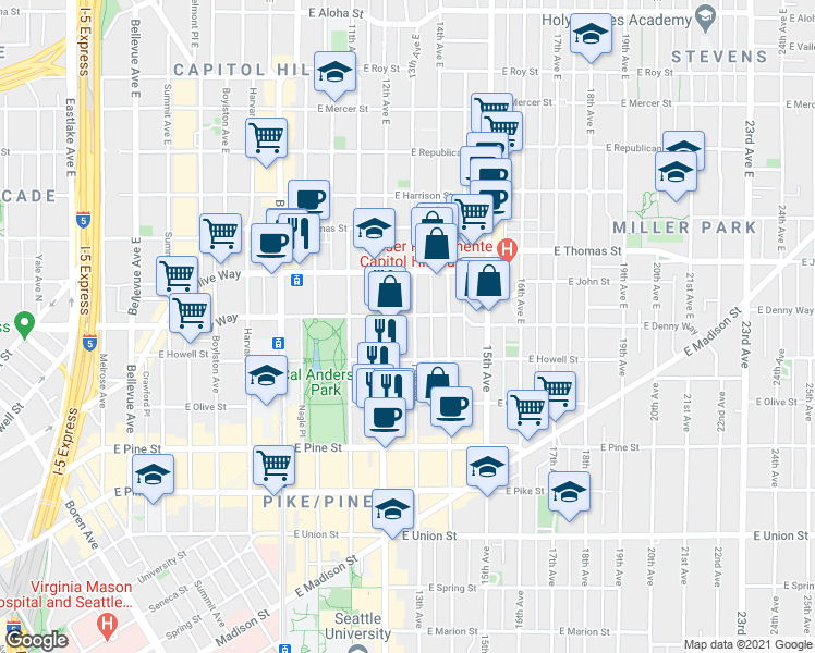 map of restaurants, bars, coffee shops, grocery stores, and more near 109 13th Avenue East in Seattle