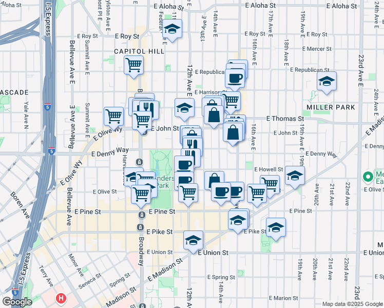 map of restaurants, bars, coffee shops, grocery stores, and more near 109 13th Avenue East in Seattle