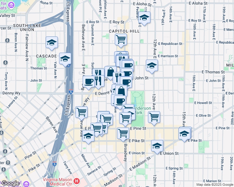 map of restaurants, bars, coffee shops, grocery stores, and more near 102 Harvard Avenue East in Seattle
