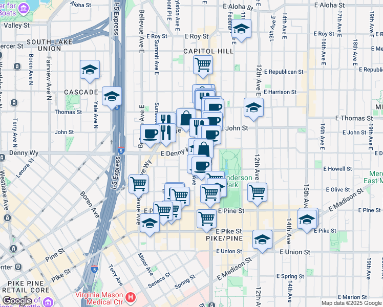 map of restaurants, bars, coffee shops, grocery stores, and more near 102 Harvard Avenue East in Seattle
