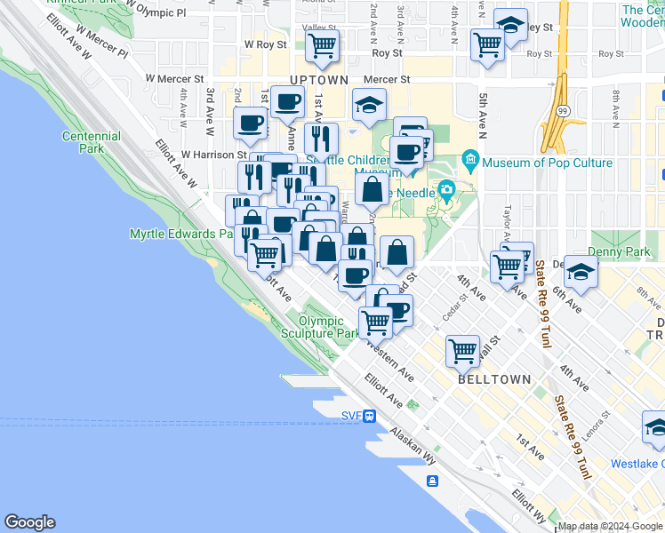 map of restaurants, bars, coffee shops, grocery stores, and more near 114 1st Avenue North in Seattle