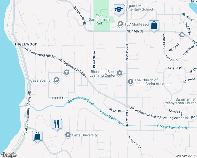 map of restaurants, bars, coffee shops, grocery stores, and more near 21216 Northeast 10th Place in Sammamish