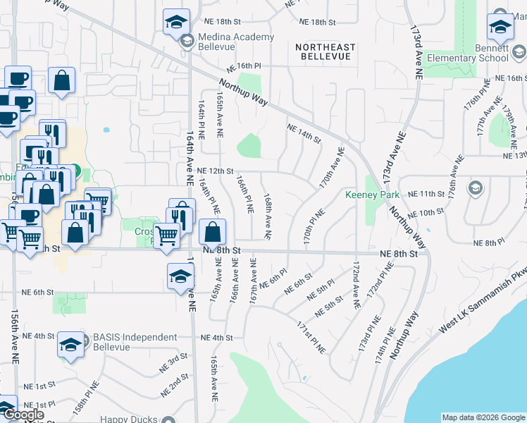 map of restaurants, bars, coffee shops, grocery stores, and more near 935 168th Avenue Northeast in Bellevue