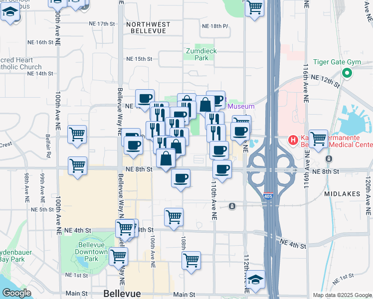 map of restaurants, bars, coffee shops, grocery stores, and more near 888 108th Avenue Northeast in Bellevue