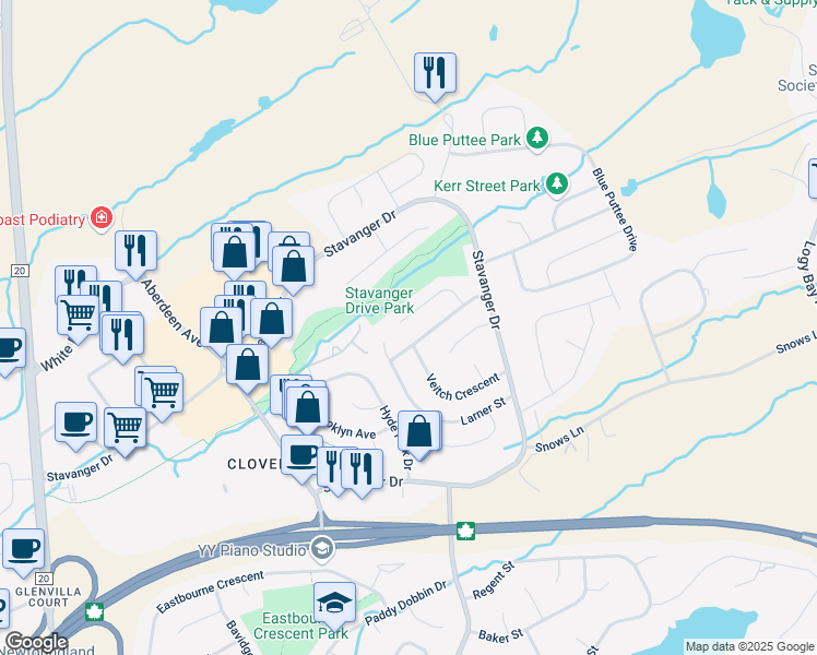 map of restaurants, bars, coffee shops, grocery stores, and more near 21 Oakley Place in St. John's