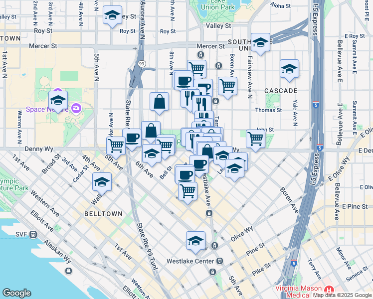 map of restaurants, bars, coffee shops, grocery stores, and more near 849 Denny Way in Seattle