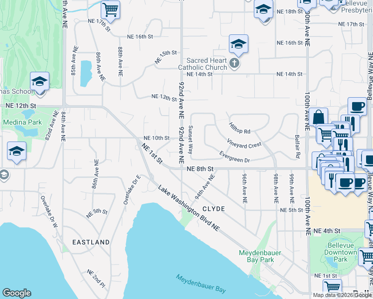 map of restaurants, bars, coffee shops, grocery stores, and more near 921 Sunset Way in Bellevue