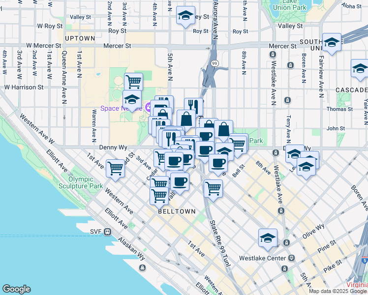 map of restaurants, bars, coffee shops, grocery stores, and more near Denny Way & Taylor Ave N in Seattle