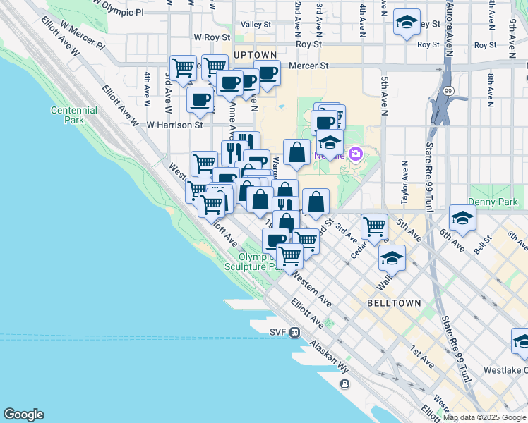 map of restaurants, bars, coffee shops, grocery stores, and more near 107 Denny Way in Seattle