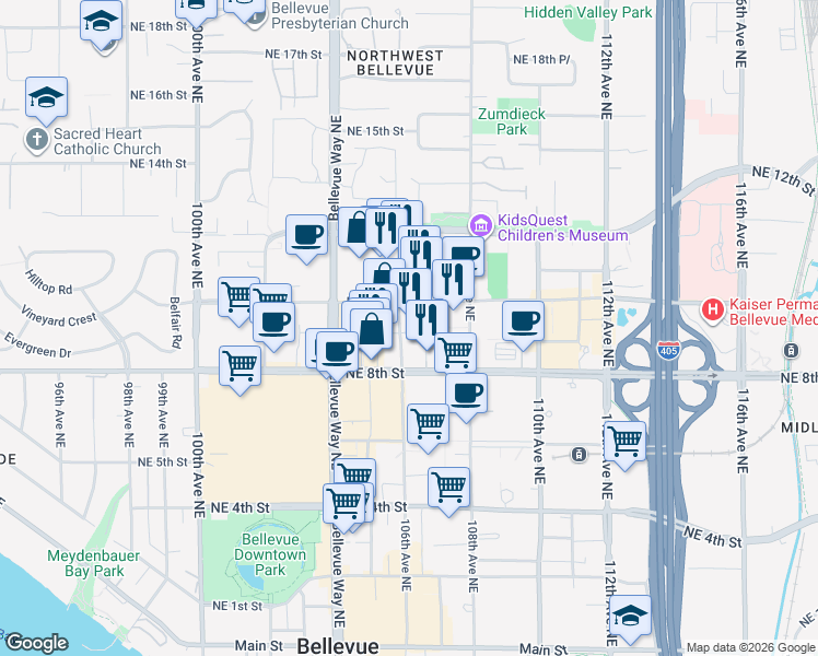 map of restaurants, bars, coffee shops, grocery stores, and more near 10672 Northeast 9th Place in Bellevue