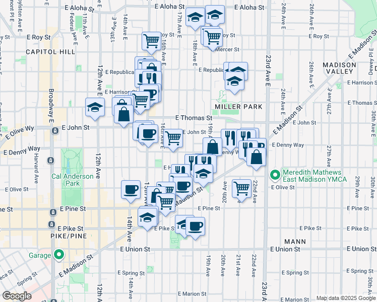 map of restaurants, bars, coffee shops, grocery stores, and more near 1720 East Denny Way in Seattle