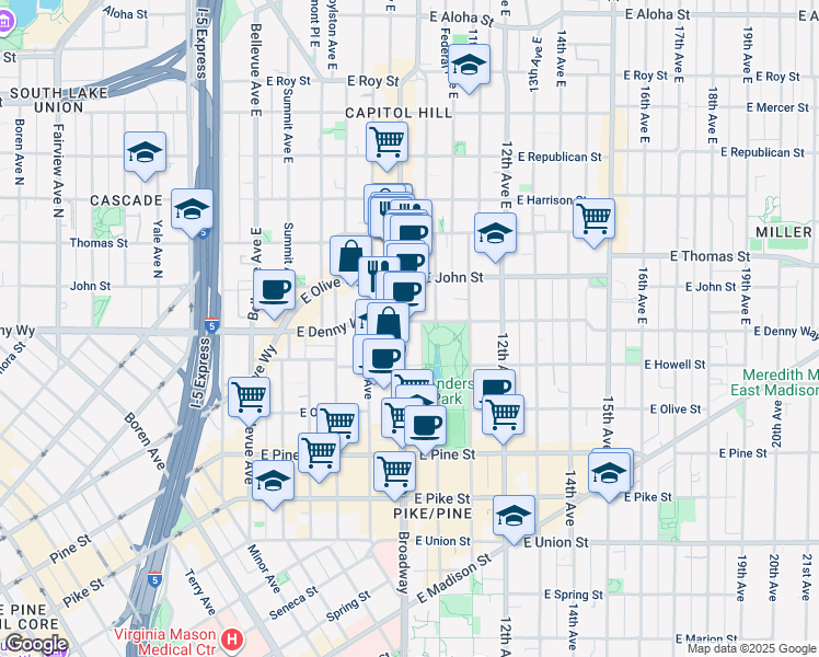 map of restaurants, bars, coffee shops, grocery stores, and more near 901 East Barbara Bailey Way in Seattle