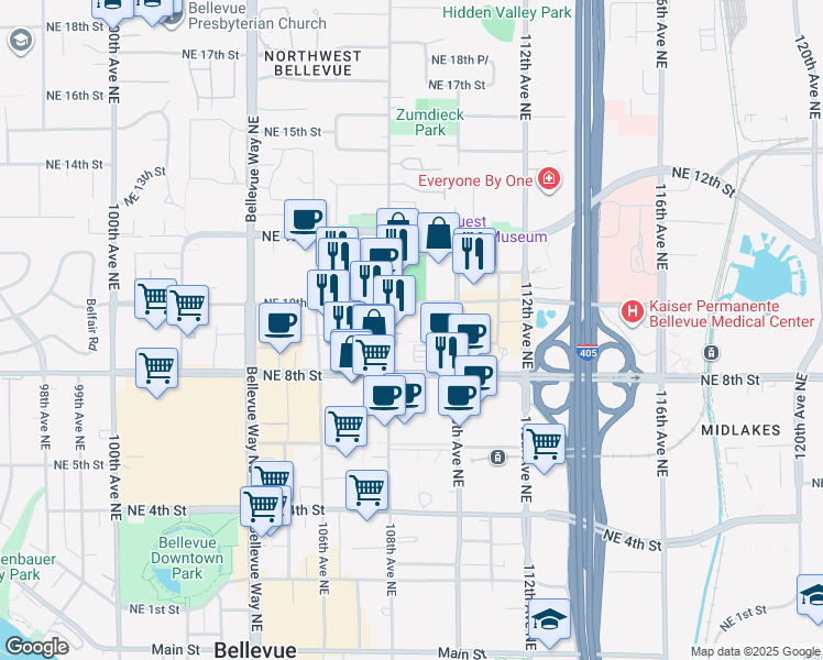 map of restaurants, bars, coffee shops, grocery stores, and more near 900 108th Avenue Northeast in Bellevue
