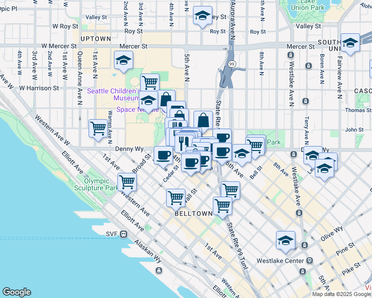 map of restaurants, bars, coffee shops, grocery stores, and more near 2720 4th Avenue in Seattle
