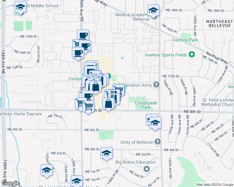 map of restaurants, bars, coffee shops, grocery stores, and more near 15928 Northeast 8th Street in Bellevue