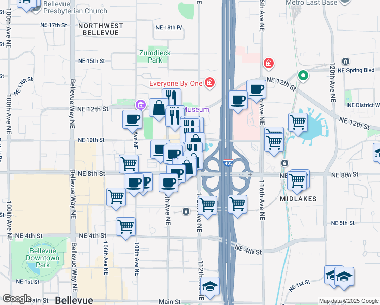 map of restaurants, bars, coffee shops, grocery stores, and more near 958 111th Avenue Northeast in Bellevue