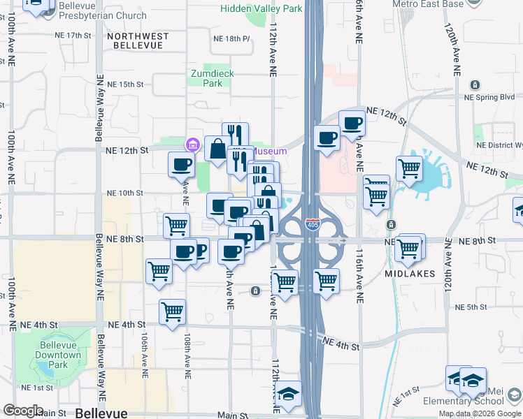 map of restaurants, bars, coffee shops, grocery stores, and more near 989 112th Avenue Northeast in Bellevue
