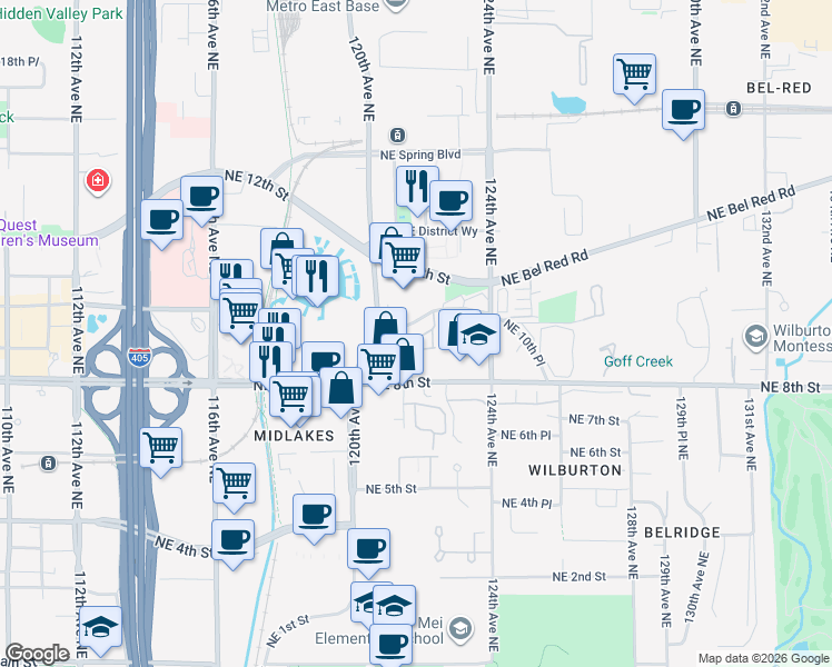 map of restaurants, bars, coffee shops, grocery stores, and more near 12005 Northeast 12th Street in Bellevue