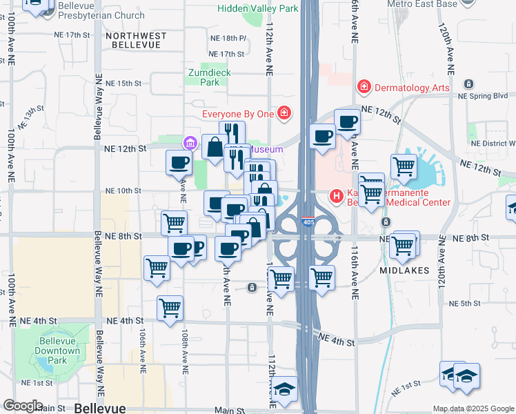 map of restaurants, bars, coffee shops, grocery stores, and more near 989 112th Avenue Northeast in Bellevue