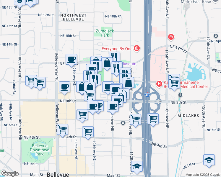 map of restaurants, bars, coffee shops, grocery stores, and more near 929 109th Avenue Northeast in Bellevue