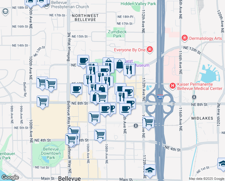 map of restaurants, bars, coffee shops, grocery stores, and more near 900 108th Avenue Northeast in Bellevue