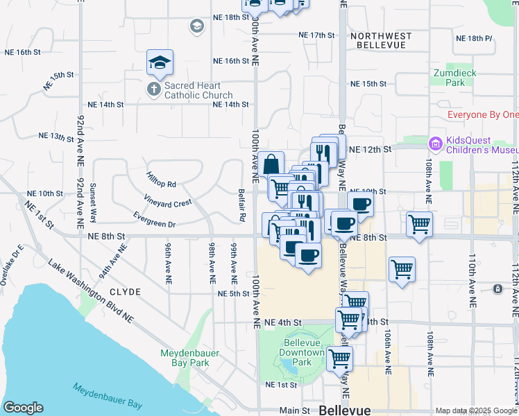 map of restaurants, bars, coffee shops, grocery stores, and more near 822 100th Avenue Northeast in Bellevue